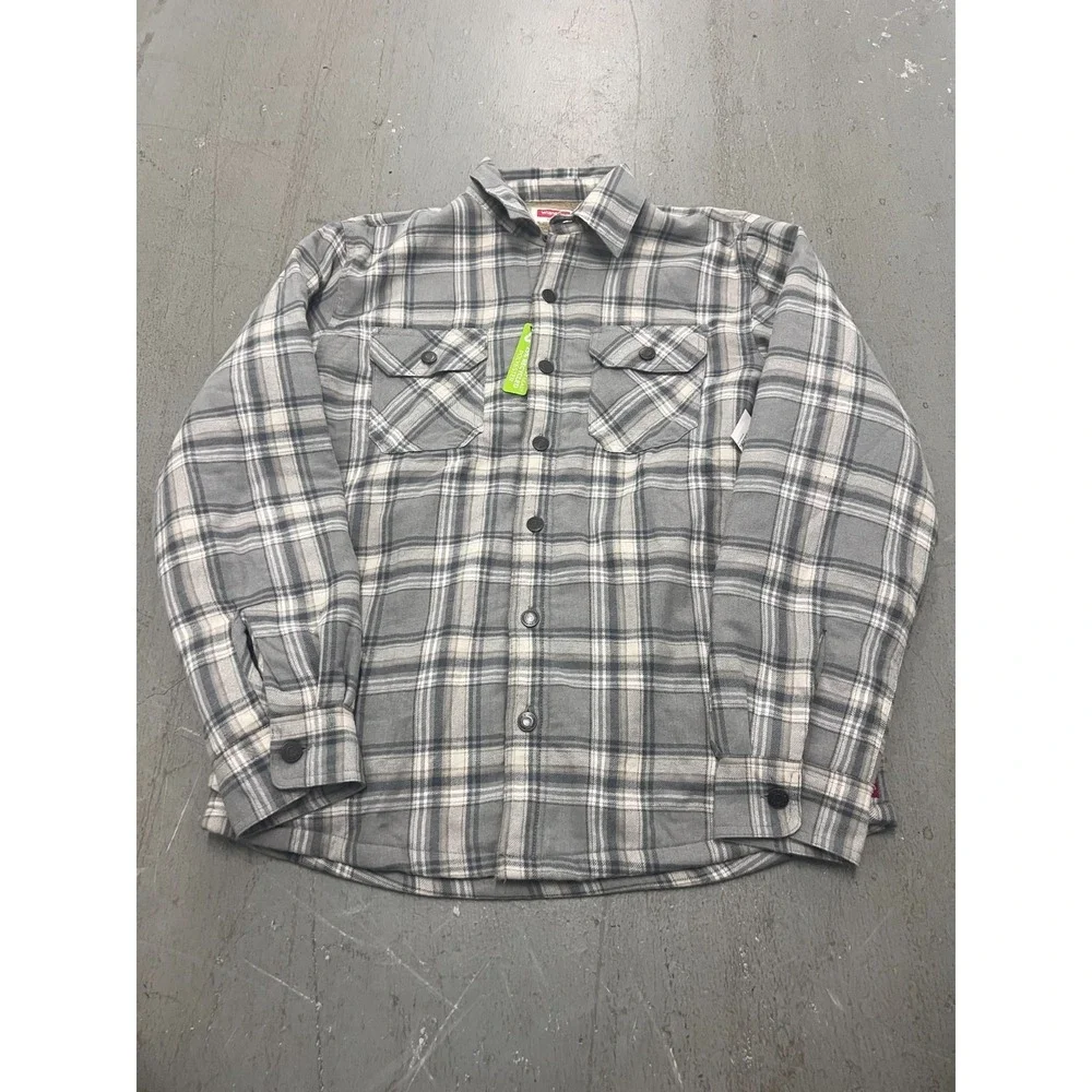 Wrangler Flannel Jacket Men Medium Gray Plaid Sherpa Lined Rugged Lumberjack NWT